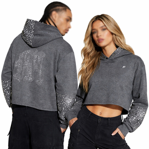 Unisex Cropped Fleece Hoodies <b>For</b> Men's Rhinestone Back Graphic Contrast Sleeve Street wear Pullover Custom Bulk Supply USA - Product Image 1
