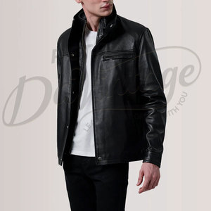 Veste en cuir noir pour homme, style col à boutons, en véritable peau de mouton, coupe ajustée, automne-hiver, décontractée, style moto, fermeture éclair, vêtement d'extérieur - Product Image 6