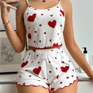 Conjunto de Pijama Casual de 2 Piezas: Chaleco de Tirantes Finos y Pantalón Corto Suave con Estampado de Corazones, Ropa de Estar por Casa Tejida y Suave, Ropa de Dormir - Product Image 3