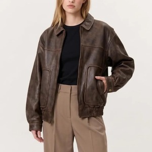Women's Oversized Brown Leather <b>Jacket</b>, 80s Distressed <b>Bomber</b>, <b>Vintage</b> Real Leather <b>Jacket</b> - Product Image 1