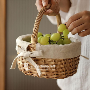 Panier de rangement en osier rond avec doublure en lin et nœud, panier artisanal durable pour le pain, les fruits et les œufs - Product Image 6