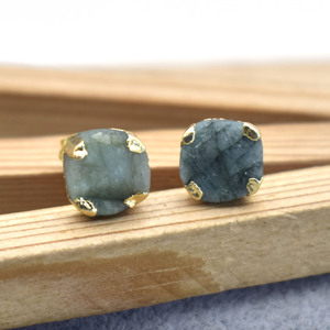 <b>Emerald</b> Raw <b>Stud</b> Earring Gold Plated Prong Set Handmade Electroplated Minimal May Birthstone Jewelry - Product Image 5