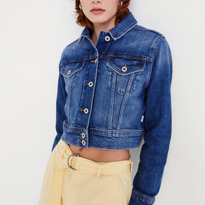 Women's Casual Cropped Denim <b>Jacket</b> 100% Cotton Solid <b>Pattern</b> Button Closure Washed Short Length Denim <b>Jacket</b> - Product Image 2