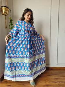 Robe maxi kaftan en coton imprimé brodé de fleurs, col en V, manches trois quarts, tenue décontractée d'été - Product Image 5