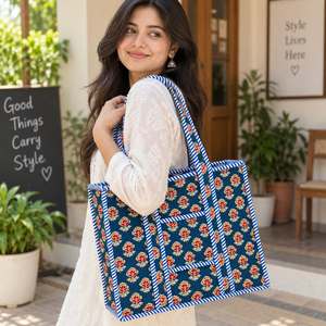 Sac fourre-tout en coton bleu à motif floral avec panneau brodé, fermeture éclair, grande capacité, toutes saisons, pour le shopping - Product Image 2