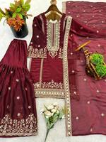 Nouvel ensemble haut et bas traditionnel de mariage en soie, prêt-à-porter, avec broderie lourde et travail de sequins, extensible et infroissable, longueur genou