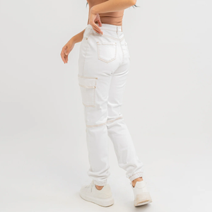 Plus Size Women's High Waist <b>White</b> <b>Cargo</b> Pants Full Length Casual Style With Pockets Button Fly Regular Fit Spring Season - Product Image 2