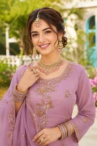 <b>Women</b>’s Rose Gold Beads Work <b>3</b>-<b>Piece</b> Ethnic <b>Suit</b> Set with Apple Cut Top, Matching Bottom and Designer Dupatta, Heavy Crepe Inner - Product Image 4