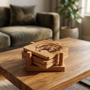Juego de Posavasos Cuadrados de Madera con Diseño de Águila, Acabado Natural Hecho a Mano, Rústico, 10 cm de Diámetro - Product Image 1
