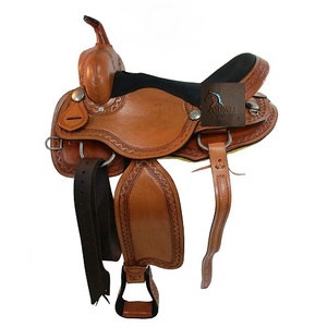 Tan Leather Western Barrel Horse Saddle With Floral Hand Carved Black Suede Seat Metal Conchos With Tack Set 10"-18" Inch LLT - Product Image 1