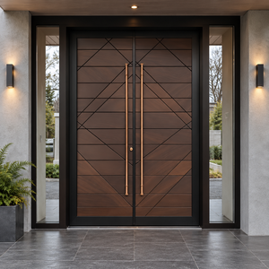 Puerta de Entrada Contemporánea de Madera Sólida con Paneles Laterales de Vidrio, Puerta Exterior Abatible Manual con Acabado de Superficie - Product Image 6