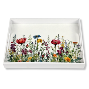 Plateau de service en bois rectangulaire MDF floral fait à la main avec laque brillante impression de fleurs sauvages cadeaux de décoration intérieure - Product Image 1