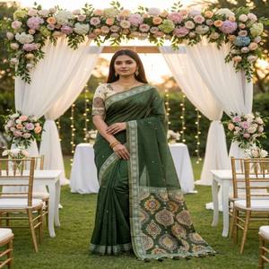 ผ้าส่าหรี VASTRA COTTAGE ผ้าฝ้ายมูก้าเนื้อนุ่มบริสุทธิ์ พร้อมงานทอเมเนกาเร่ทั่วผืน และขอบผ้าปัลลูสไตล์อัจรัคที่หรูหรา พร้อมขอบปักดิ้นและพู่ห้อย - Product Image 2