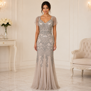 Luxury Women Champagne Embroidered Evening Gown Elegant V Neck Mermaid Maxi Dress Premium Designer Party Wear Wedding Reception - Product Image 2