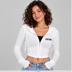 OEM Lightweight Breathable <b>White</b> Ribbed <b>Women</b> Zipper <b>Hoodie</b> Crop Top Full Zip Cotton Clothing Top Selling Streetwear - Product Image 1