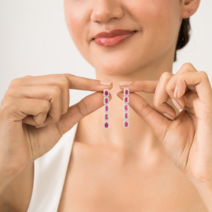 Stunning Luxurious 14K Pure White <b>Gold</b> Real Gemstone Ruby & Diamond Halo Long <b>Dangle</b> <b>Earring</b> For Women Statement Wedding Jewelry - Product Image 4