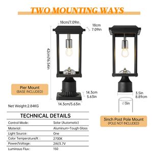 Lampada da Esterno a Colonna con Base Antiruggine Nera, Impermeabile, Cablata, in Alluminio, Attacco E27 per Villa - Product Image 3