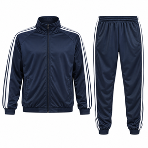 Men's Navy Blue <b>Striped</b> Track <b>Suit</b> Jacket <b>and</b> Jogger Pants Two Piece Sportswear Set - Product Image 1