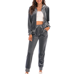 Women Solid Polyester Velour 2-Piece Tracksuit Set <b>Zip</b>-<b>Up</b> <b>Crop</b> Top and Shorts Full-<b>Zip</b> Autumn Casual Wear - Product Image 6