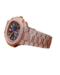 Reloj cronógrafo de lujo con diamantes, caja de oro rosa, esfera azul, analógico de cuarzo, cierre desplegable para hombre, 42 mm, elegante reloj de pulsera. - Product Image 4