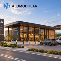 Bâtiment modulaire pour aire de repos routière, structure en acier, revêtement en aluminium, aménagement personnalisé, clé en main, assemblage rapide, infrastructure