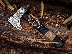 Hand Forged Bearded Handmade <b>Viking</b> Style Tomahawks Carved Wooden Handle Stainless Steel Blade Industrial Grade Outdoor OEM - Product Image 2
