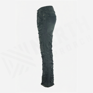 Jean en denim coupe droite délavé foncé pour homme, taille haute, coupe slim, déchiré, motif géométrique, style streetwear, en coton - Product Image 4