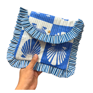 Jaipur Block Print Vintage Floral Cotton <b>Quilted</b> Cosmetic <b>Bag</b> Striped Ruffle Trim Small Portable Magnetic Cover Closure Large - Product Image 1