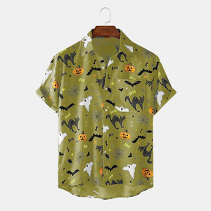 Camisa de manga corta con estampado de Halloween para hombre, informal, verde, con dibujos animados de calabaza, fantasma, murciélago, gato, con botones, para otoño - Product Image 1