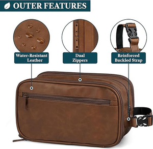 Leather <b>Cosmetic</b> <b>Case</b> Medium Size Zipper Closure Multi Function Classic Style Travel Toiletries Organizer Bag - Product Image 6