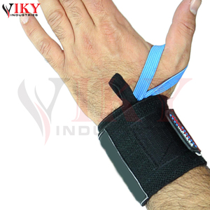 Bandes de compression réglables noires de qualité supérieure pour poignets, avec boucles de pouce bleues, pour la musculation (vente en gros) - Product Image 6
