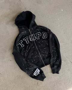 Custom Rhinestone Graphic Zip Hoodie Heavyweight Distressed Streetwear Hoodie Oversized Cotton Fleece Full Zip Up Hoodies - Product Image 2