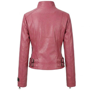 Chaqueta de Cuero Sintético Rosa para Mujer, Marca Kadia, con Logotipo Personalizado 2026, Corte Ajustado, Estilo Motero, con Cuello Alto y Hebillas Ajustables - Product Image 6