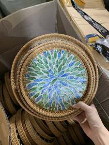 Inlaid Lacquer Rattan Tray Vintage Style Shell Rattan Tray Mosaic Shell Rattan Tray Shell Rattan <b>Square</b> Tray Handwoven Rattan - Product Image 3