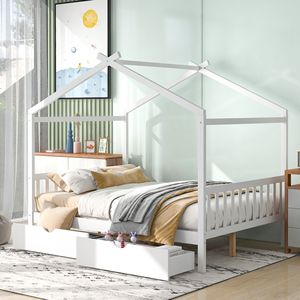 Letto a piattaforma matrimoniale bianco con testiera e pediera a due cassetti, design unico a tetto per bambini - Product Image 1