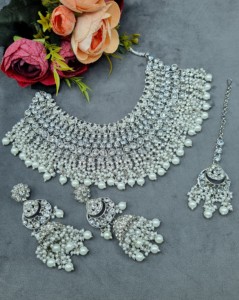Royal Cubic Zirconia Choker Necklace Set with Mang tika & Earrings Rhodium Plated Jewellery Set Wedding Reception Wear Jewellery - Product Image 1