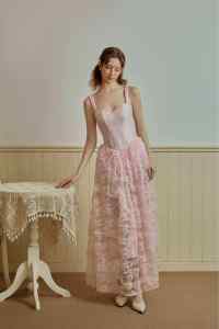 High Quality Vietnam Maxi Length Casual <b>Dresses</b> Sleeveless Strap Square Neck Hellen 3D Floral Lace Jacquard Slip <b>Dress</b> KD46 - Product Image 4