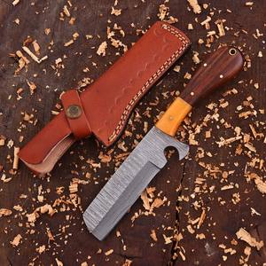 Couteau de boucher de cowboy en acier Damas forgé à la main, personnalisé OEM, lame pleine longueur EDC, manche en bois et os avec fourreau - Product Image 2