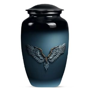 Urna de cremación de aluminio con acabado en degradado azul intenso, emblema de alas de ángel, recipiente para cenizas conmemorativas, recuerdo a juego. - Product Image 3