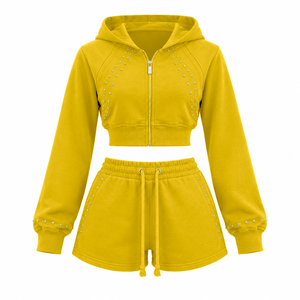 Custom Cotton Co Ord With Cropped Zip Up Hoodie High Waist Shorts and <b>Silver</b> Rhinestone Detail for Fashion Retailers - Product Image 6