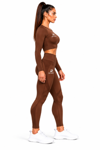 Ensemble haut court côtelé marron respirant sans coutures et leggings taille haute pour le fitness et le yoga - Product Image 4