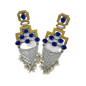 Pendientes Largos Étnicos de Latón Oxidado con Baño de Oro y Plata, Engaste de Zafiro en Bisel, Dos Tonos, Regalo de Boda para Mujer - Product Image 1