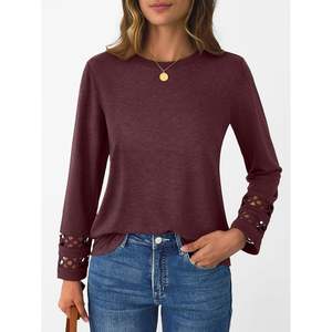 2025 túnica de manga larga para mujer otoño moda ojales Camiseta cuello redondo elegante Casual suelta Fit Tops estilo elegante 2025 - Product Image 1