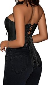 Corset bustier noir en satin à lacets pour femme, sans bretelles, gaine amincissante et sculptante pour le ventre, serre-taille - Product Image 3