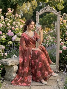 Reglance Elegant Georgette Floral Print Saree Heavy Hand Khatli Cutdana Touch Butti Work All Aarco Running Khatli <b>Blouse</b> - Product Image 3