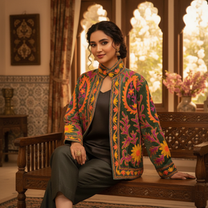 Green Floral Embroidered Bomber Jacket Orange Yellow Needle <b>Work</b> Coat <b>Stand</b> Collar Long Sleeves Side Pockets Women Casual Wear - Product Image 3