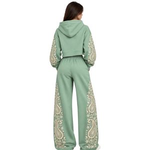 Mint Green Womens Paisley Print Crop Hoodie Wide Leg Pants Two Piece Tracksuit Casual Streetwear Loose Fit <b>Jogger</b> <b>Matching</b> <b>set</b> - Product Image 3