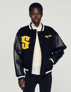 SANDRO Veste universitaire noire à capuche, manches en coton, logo S brodé, texte Baby Love, style preppy, coupe classique, respirante, unisexe - Product Image 1