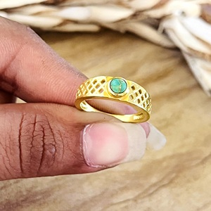 Bague en laiton plaqué or 18 carats pour femme, design bohème tendance, motif géométrique, ornée de pierres précieuses, de turquoise et d'un motif œil en argent certifié - Product Image 5