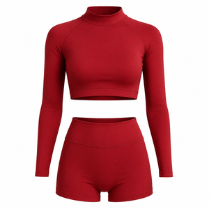 Conjunto de Yoga sin Costuras de Cintura Alta para Mujer, Ropa de Gimnasio, Top Corto de Manga Larga y Pantalones Cortos Deportivos, Conjunto Deportivo de 2 Piezas, Ropa Deportiva Activa - Product Image 2